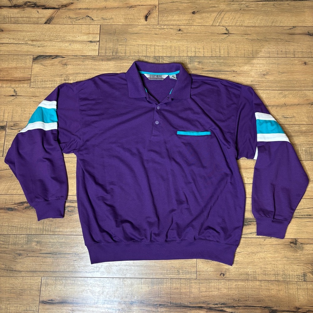 VTG Knightsbridge Menswear Purple Teal Striped Long Sleeve Polo Sweatshirt 1X